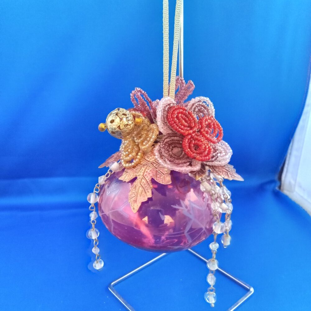 vintage Christmas ornament cut glass with seed bead hand made flowers